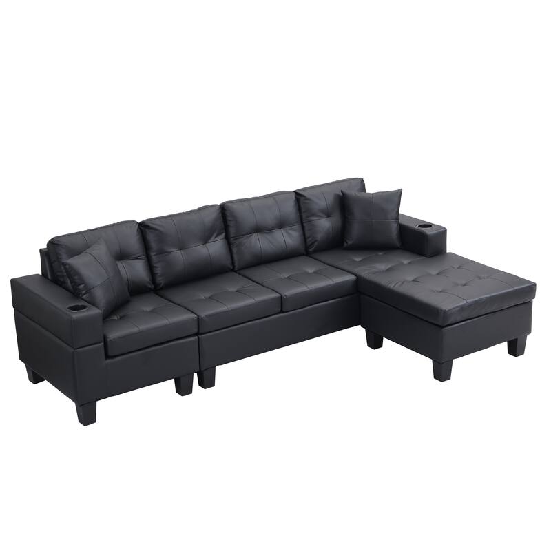 Leather Sectional Sofa L Shape Chaise Lounge with Cupholder & Ottoman