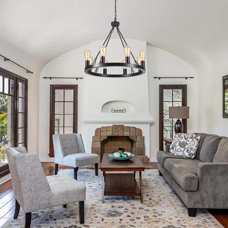 8-Light Circle Wagon Wheel Farmhouse Foyer Chandelier Linear Island Chandelier Lighting for Dining Room