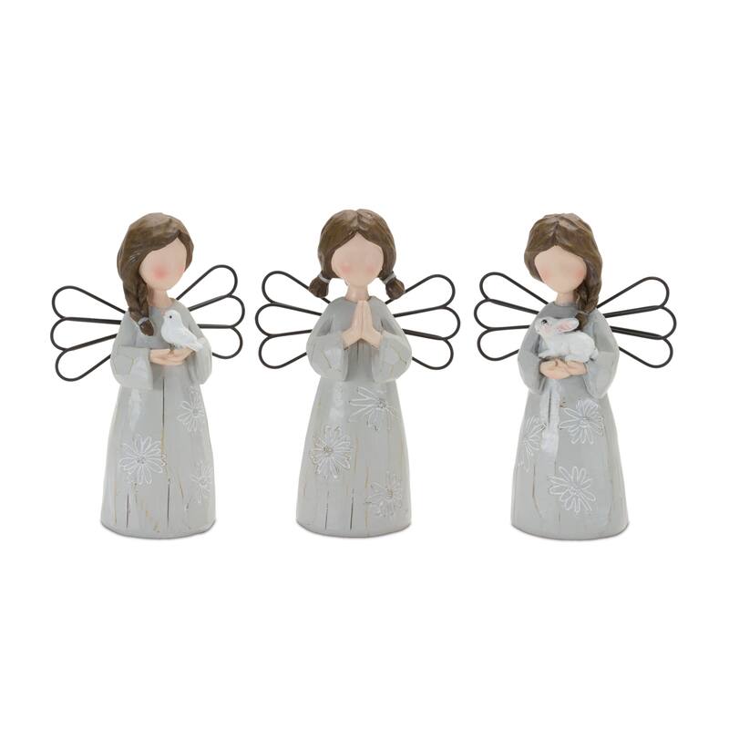 Set of 3 Floral Etched Angel Tabletop Figurines 6"