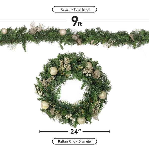 PreLit 24in Wreath & 9ft Holiday Garland Combo Christmas Wreath and
