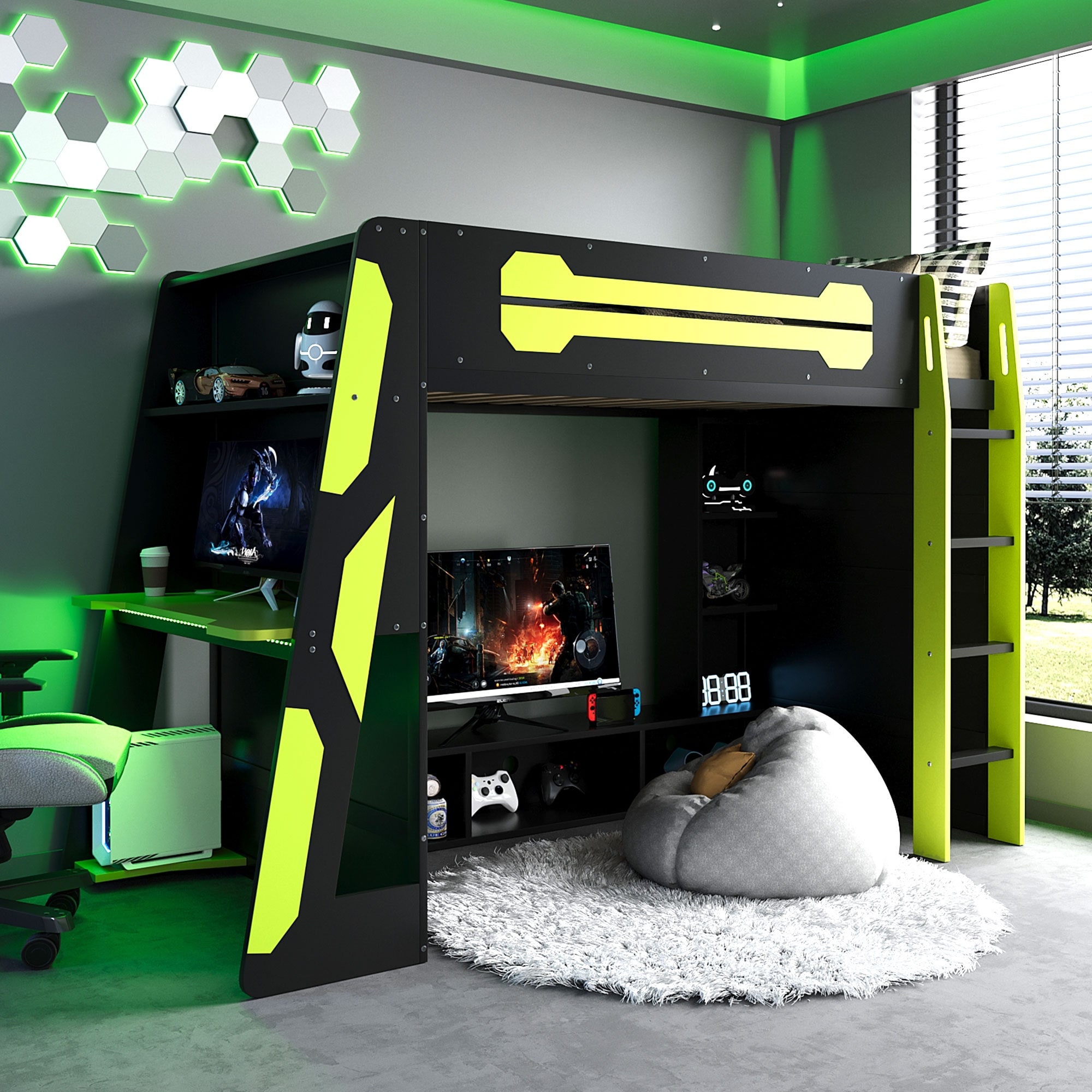 Twin Size Wood Loft Bed with Desk, Multi-storage Shelves and RGB Light