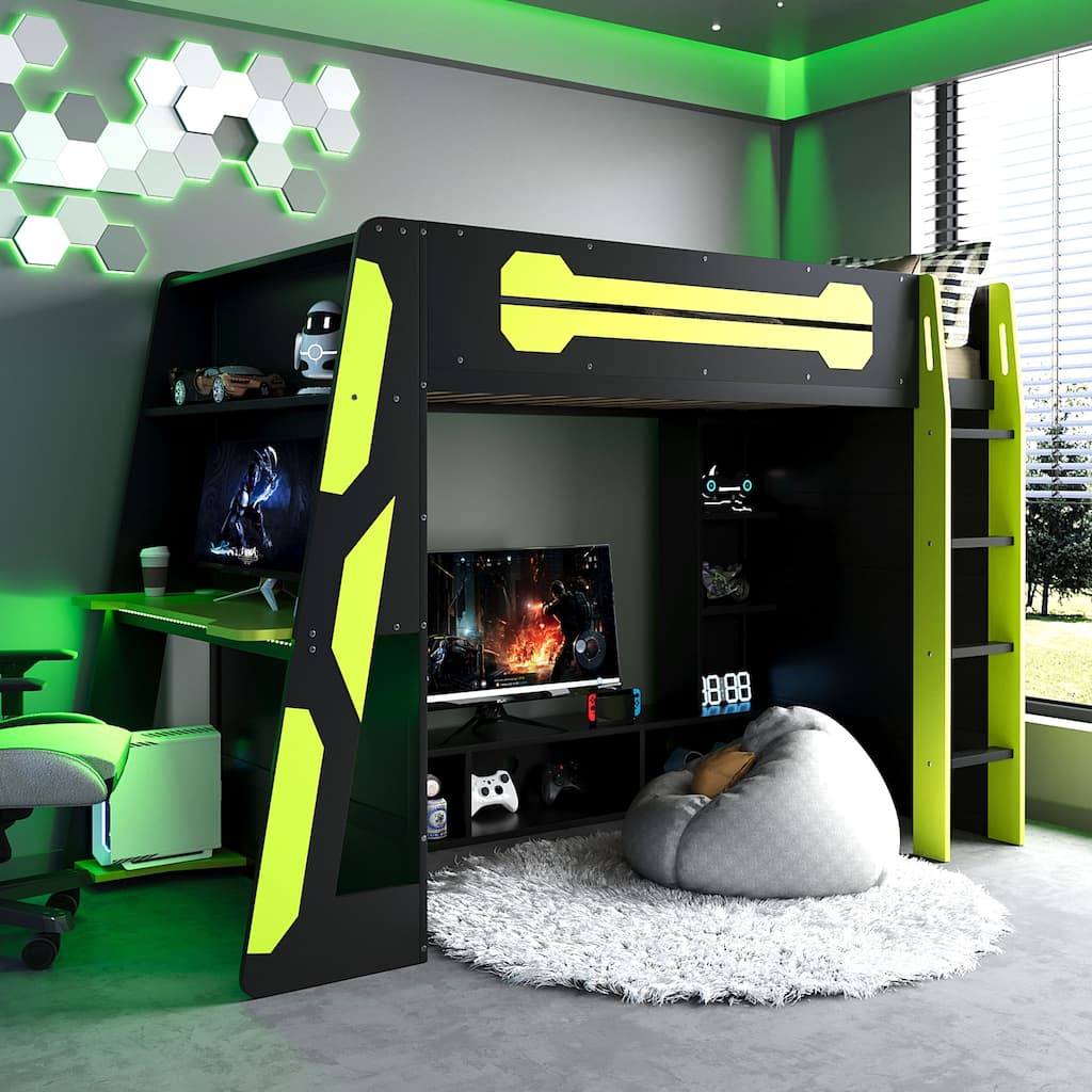 Twin Size Wood Loft Bed with Desk, Multi-storage Shelves and RGB Light
