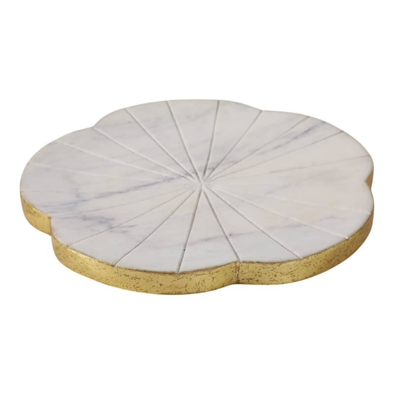 Stone Marble Trinket Tray Round Floral Design Modern Glam - 1" White - 8" x 8" x 0.5"