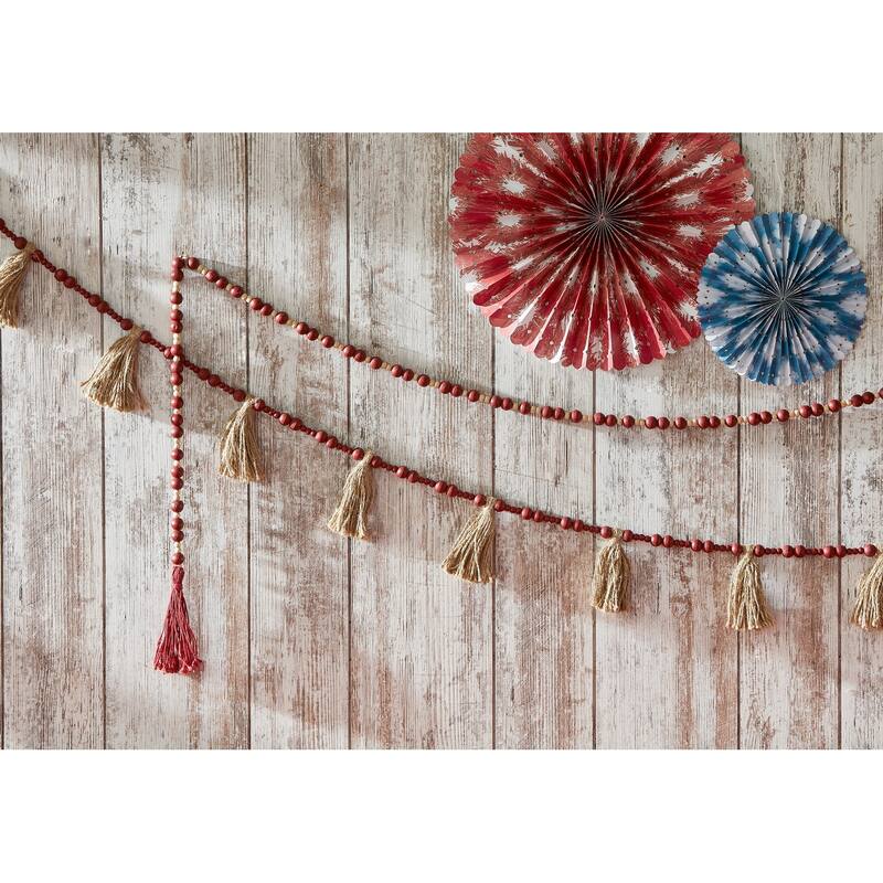 Bead and Jute Tassel Ends Garland Natural Decorative Wall Garland for Holiday and Christmas 72 Inch Long White Wood