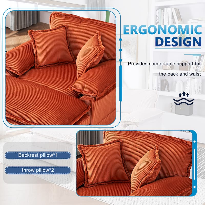 56.3 Inch Corduroy Single Deep Seat Sofa Chair With 2 Toss Pillows and a Ottoman