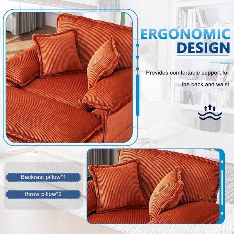 Corduroy Single Sofa Sets with Ottoman and 2 Toss Pillows, Deep Seat Design