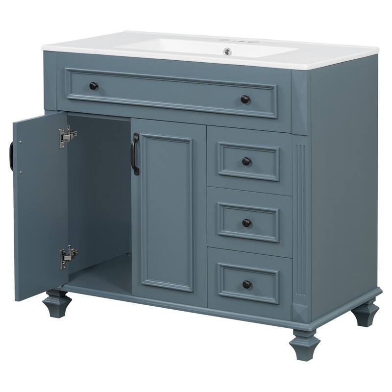 36" Bathroom Vanity with Ceramic Sink, Freestanding Bathroom Vanity Cabinet with Flip-Out Drawer, 3 Drawers & 2 Soft-Close Doors