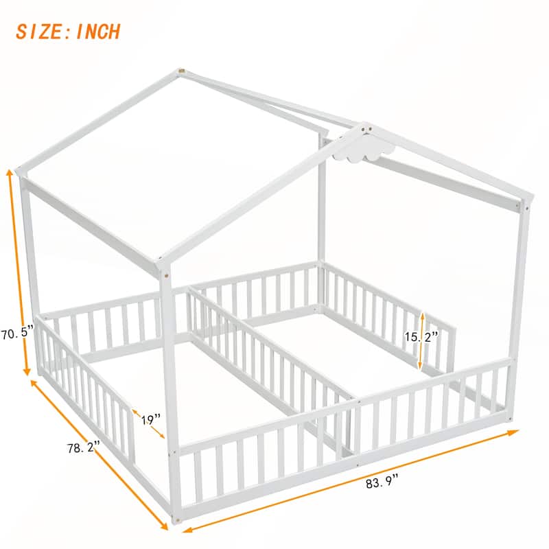 Double Twin House-Style Floor Bed with Fence