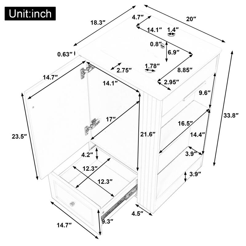 Anmytek 20 Inch Small Bathroom Vanity Ceramic Sink Soft Close Drawer Side Shelves