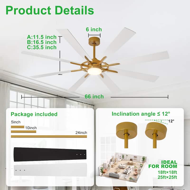 Modern 72 Inch 8 Blade Outdoor large Ceiling Fans with Lights: Dimmable Indoor Reversible 6 Speed Quiet DC Motor
