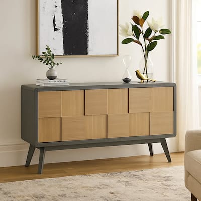 Yodo Sideboard Buffet Console, 59 Inch, Brown Geometric Front Design