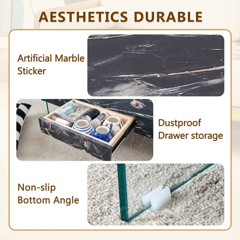 43.3 Inch Two-Tier Coffee Table-Clear Tempered Glass And Black Marble Texture,Multifunctional Storage Design,Includes A Drawer