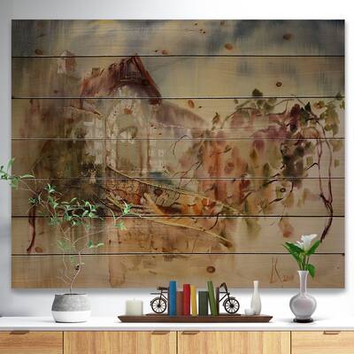 Designart 'Abstract Old Building Watercolor' French Country Wood Wall Art - Natural Pine Wood