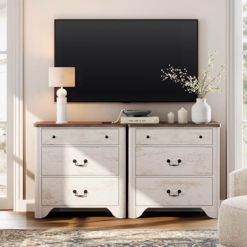 WAMPAT Farmhouse TV Stand For Tvs Up To 45", Wood Entertainment Center With 3 Drawers, TV Console With Large Storage