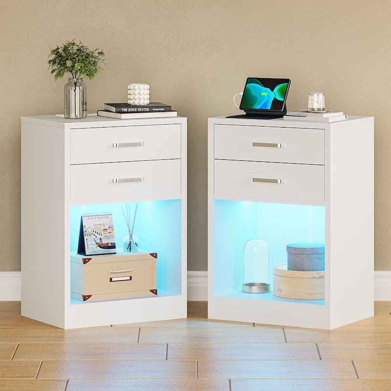 LED Nightstands Set of 2 Nightstand Bedroom Power Outlets 2 Drawers - White