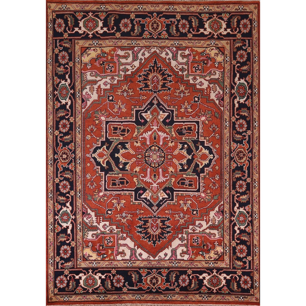 Geometric Heriz Serapi Indian Area Rug Hand-Knotted Wool Carpet - 8'0" X 10'4"