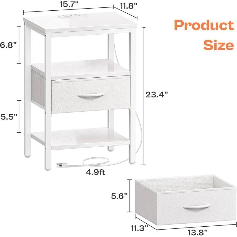 Nightstand Set of 2 Or 1 with Charging Station and USB Ports, Storage End Table with Fabric Drawer, Night Stand for Small Spaces