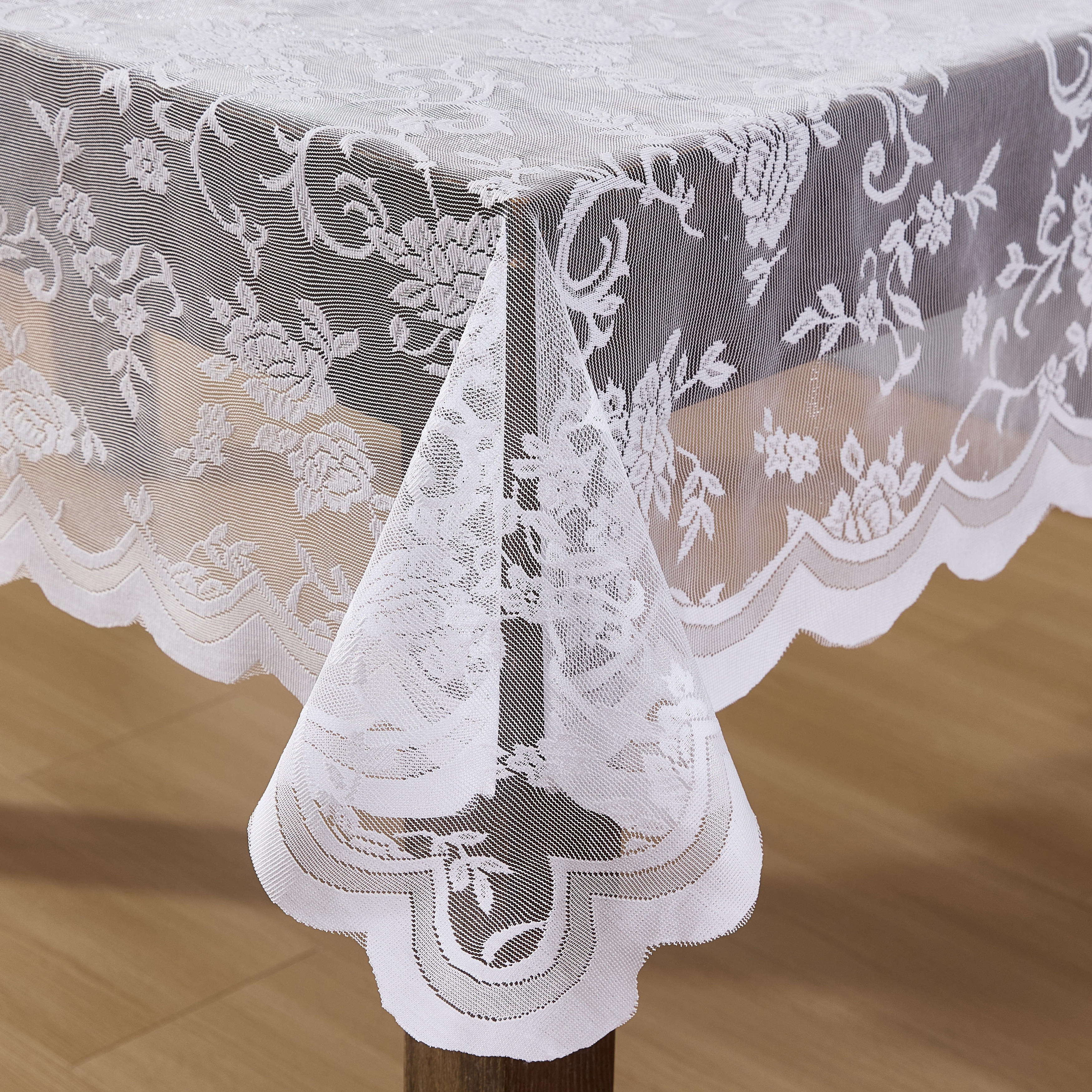 HLC.ME Harper Floral Lace Fabric Tablecloth, Wrinkle Resistant Table Cloth Square or Round Tables, Patterned Scalloped