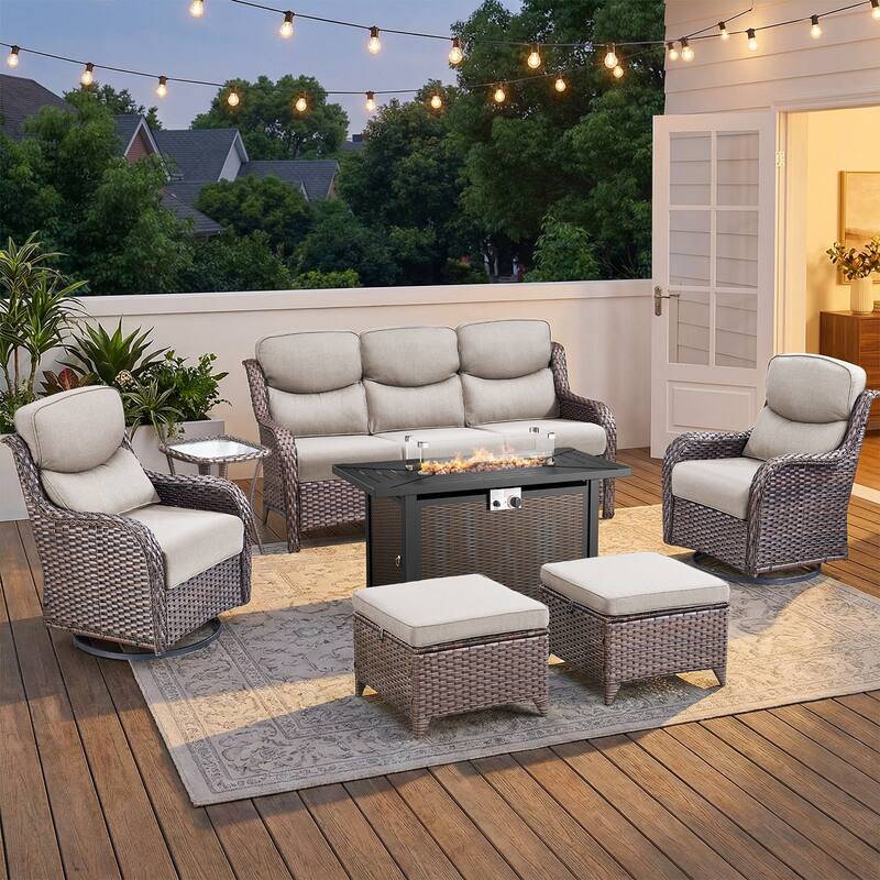 Pocassy 6/7 Piece Patio Sofa Swivel Chair Set with 43" Fire Pit Table - Brown Wicker Beige Cushion - 7-Piece Sofa Swivel Chair Ottoman w/ Fie Table