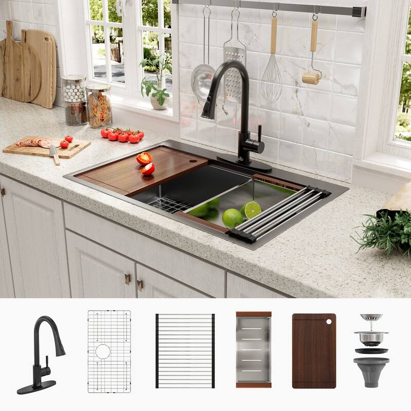 Drop-In Nano PVD Gunmetal Black Stainless Steel Workstation Kitchen Sink with 2-Function Pull-Down Kitchen Faucet & Accessories