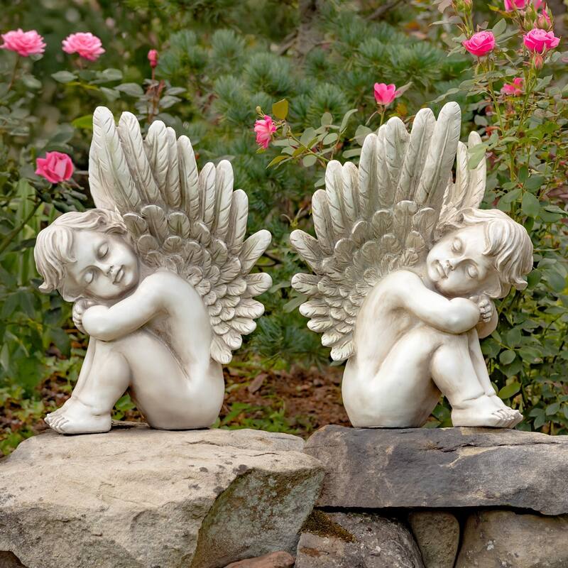 20" Tall Set of 2 Sitting Polyresin Cherub Statues - 14.5" L x 11" x 19.8" H