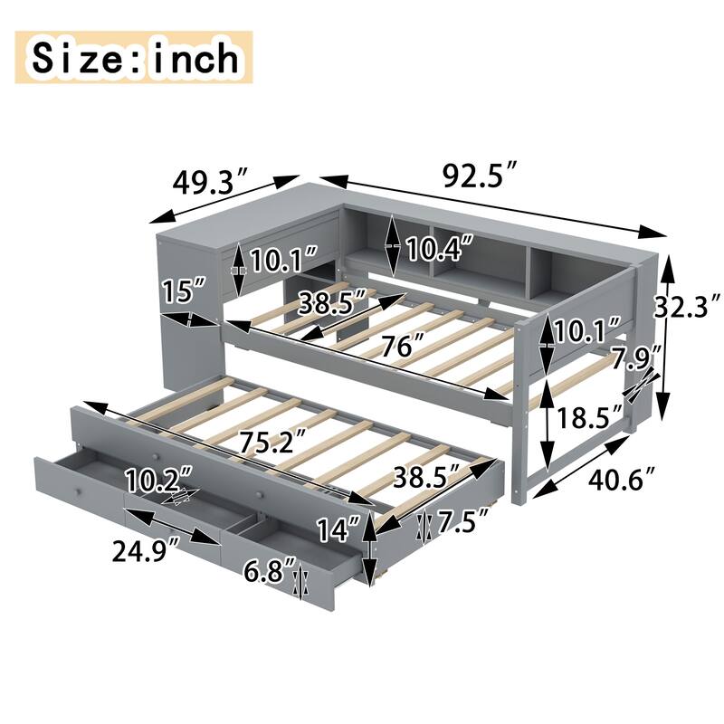 Roomfitters Twin/Full Size Wood Daybed with Trundle, Storage Drawers, Side Shelves & Built-in Desk, No Box Spring Needed