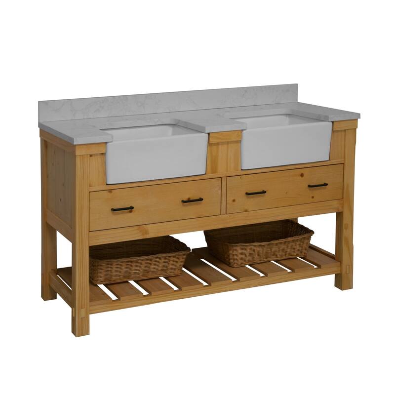 KitchenBathCollection Charlotte 60" Double Farmhouse Bathroom Vanity with Engineered Carrara Top - Driftwood