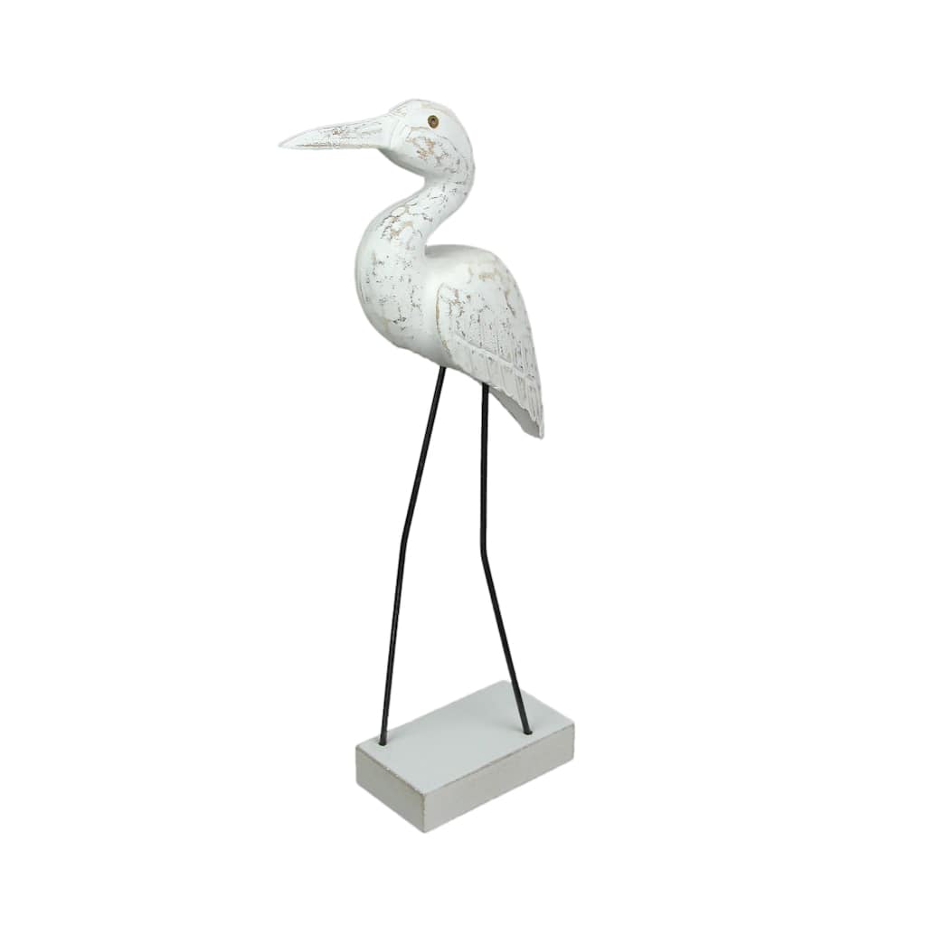 Carved Wood And Metal White Egret Bird Statue 15 Inches High - 15.25 X 5.25 X 2.5 inches