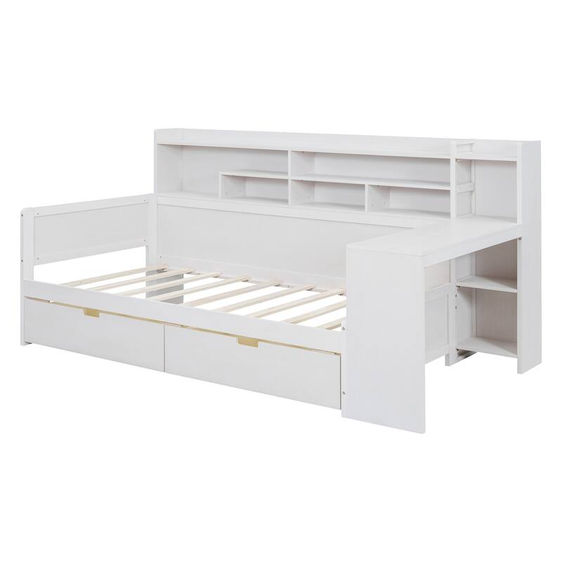 Wooden Twin Size Daybed with Storage Shelves, Multi-functional Bed with Two Storage Drawers and Study Desk