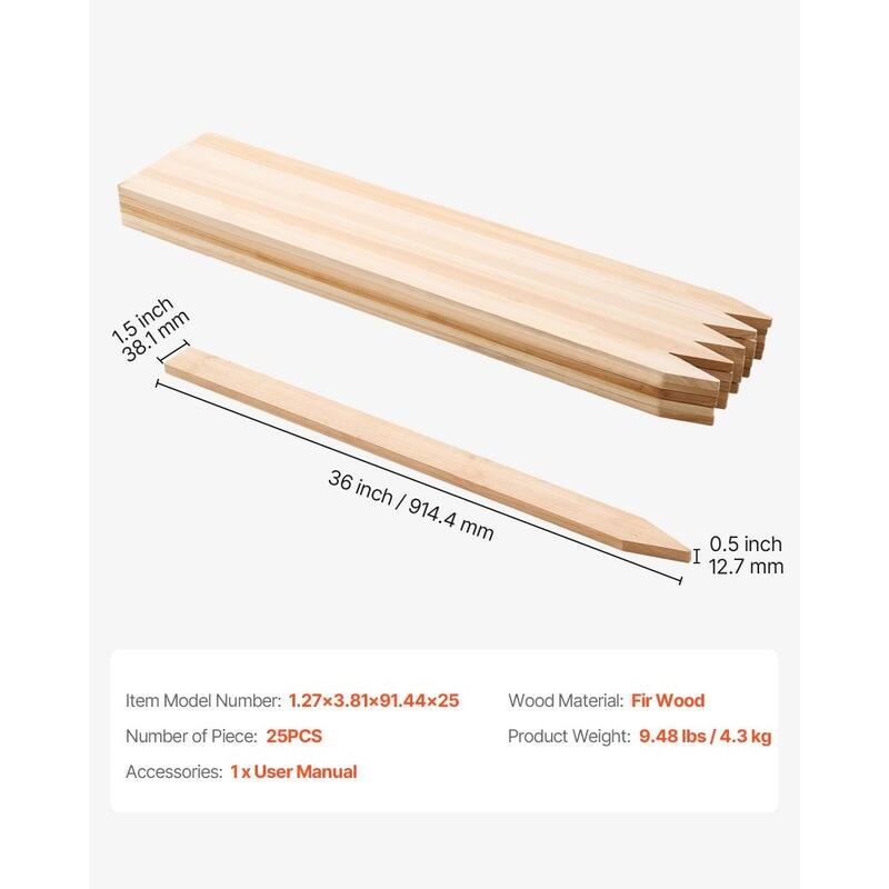 25 Pieces Natural Fir Wood Garden Stakes with Sharp Point for Outdoor Use - 0.5×1.5×36 in