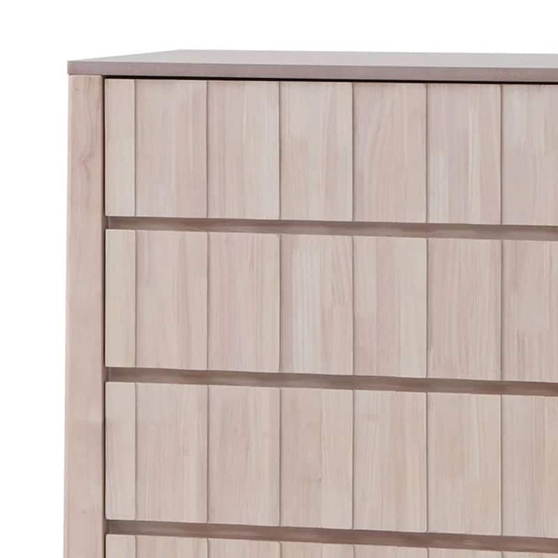 Vasu Tall Dresser Chest, 5 Storage Drawers, White Wash Solid Rubberwood