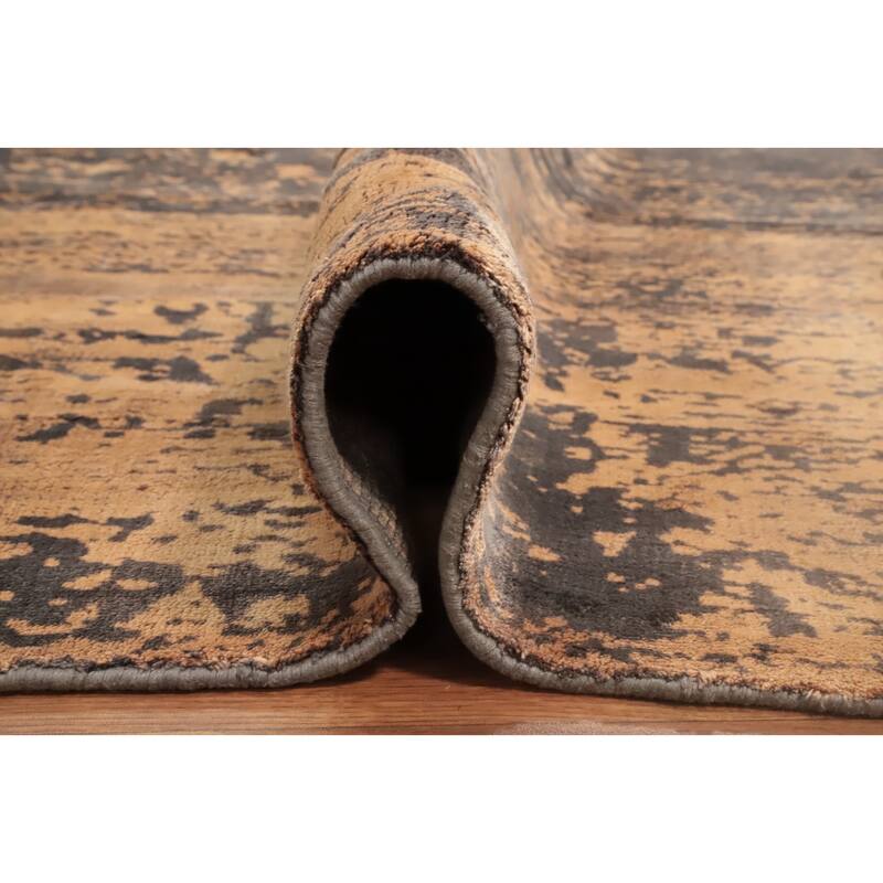Hand Knotted Oriental Viscose Silk Carpet Modern Pictorial Brown Abstract Area Rug - 7' 5'' X 5' 5''