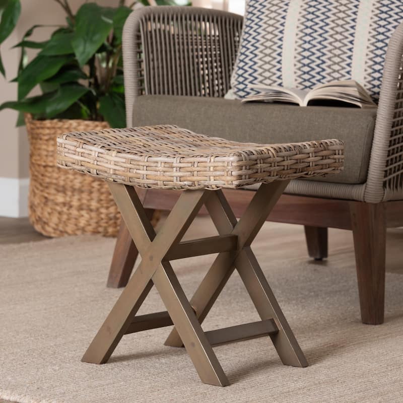 Hayate Bohemian Grey Kubu Rattan and Mahogany Wood Ottoman Footstool