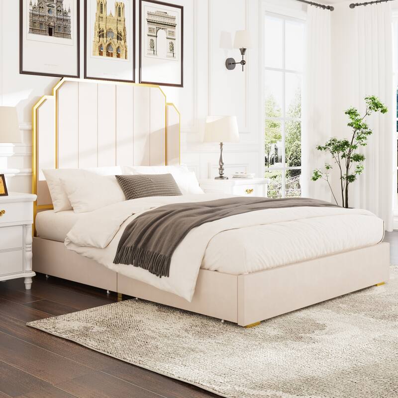 Queen Size Bed Frame with Tall Headboard, Upholstered Platform Bed w/ Golden Plating Trim & Slats Support, No Box Spring Needed