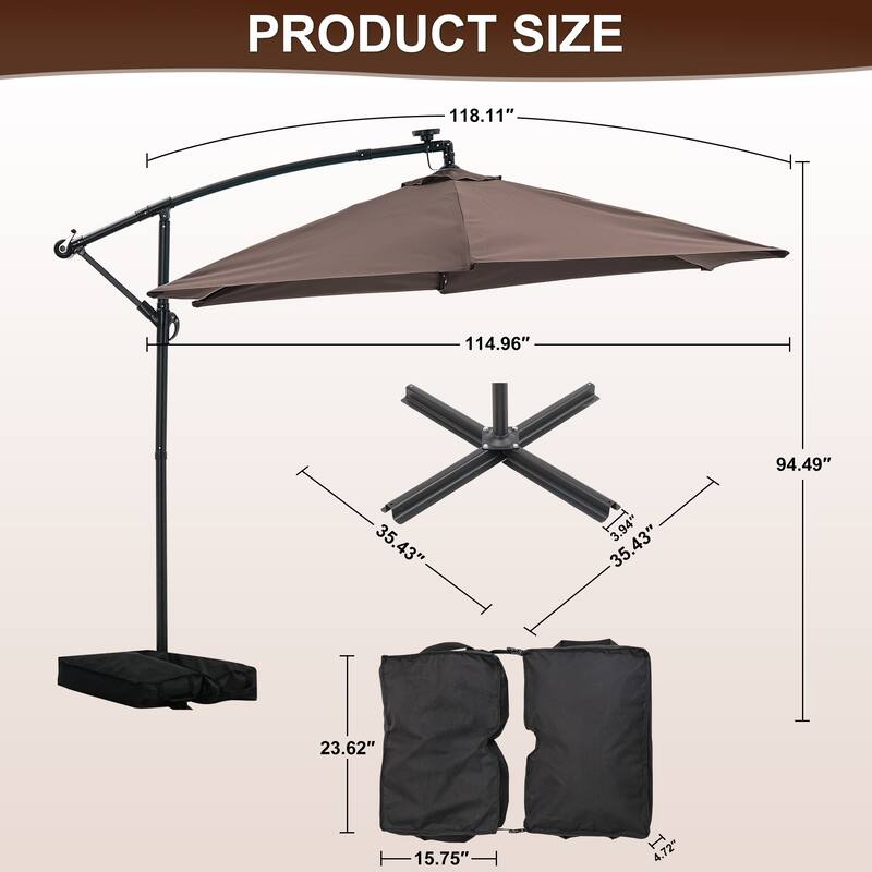 Ainfox 10 ft. Patio Offset Solar LED Umbrellas Cantilever Outside Umbrellas with Base
