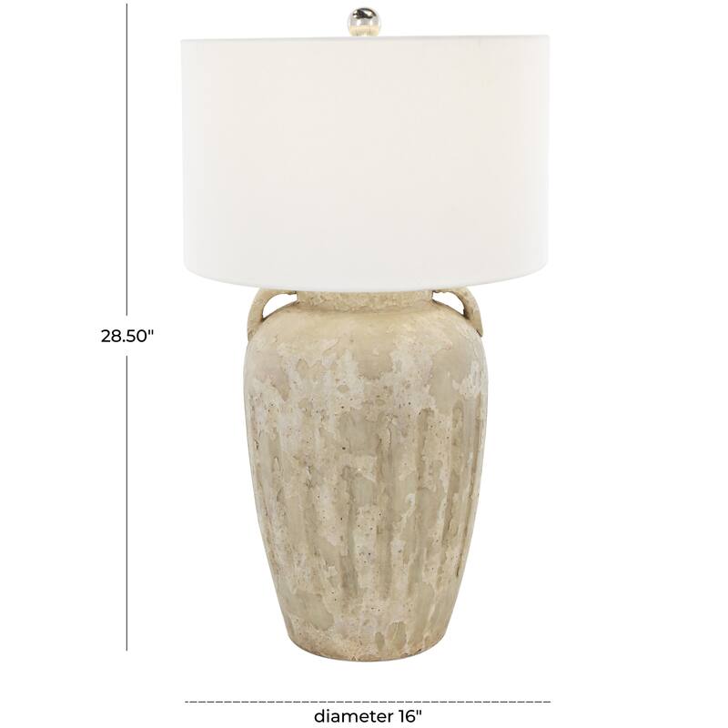 Ceramic Distressed Antique Style Pot Vase Room Table Lamp with Cream Linen Shade - Brown, Black, Cream - Roche River Decor