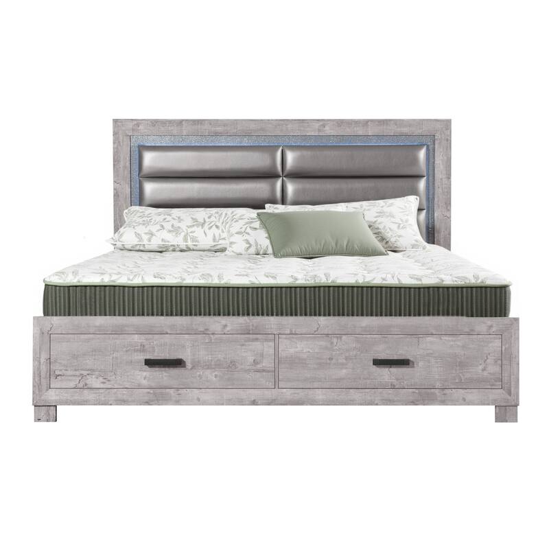 HomeRoots Gray Faux Crystal Bling Distressed Wood And Faux Leather Lighted King Bed Frame With Two Drawers