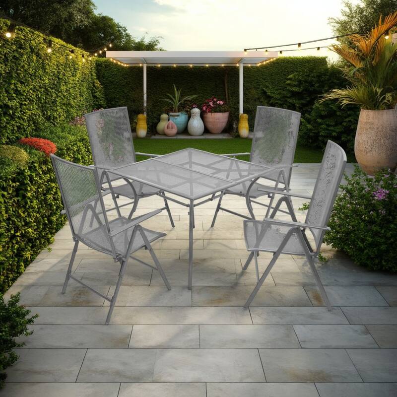 5pc Patio Dining Table Set with 4 Chairs, Square Table, Gray Metal