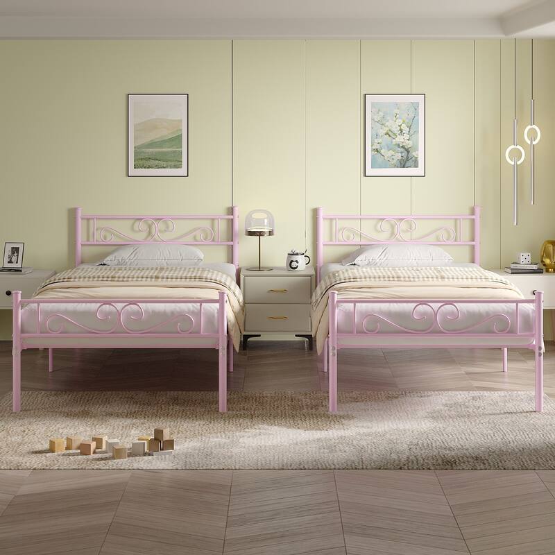 VECELO 2-Pack Twin Bed Frame for Kids Metal Bed Frame with Headboard No Box Spring Needed Twin Size Bed Under Bed Storage - Pink