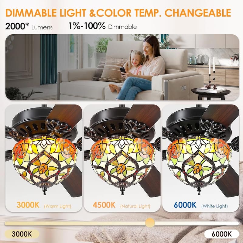 50" TiffanyTropical Ceiling Fan with 5 Palm Leaf Bllades and Vintage Cover Waterproof for Indoor and Outdoor Patio