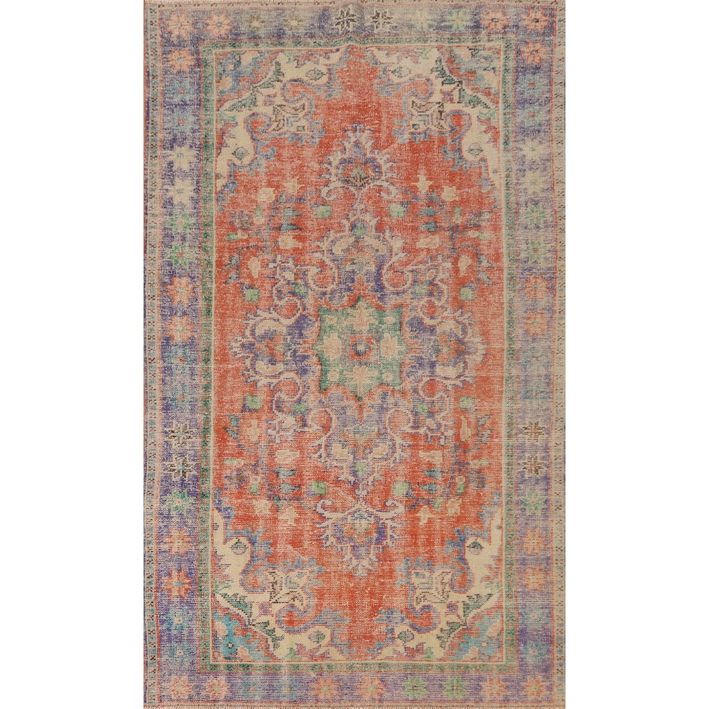 Distressed Orange Sparta Turkish Vintage Area Rug Handmade Wool Carpet - 5'4" x 9'3"