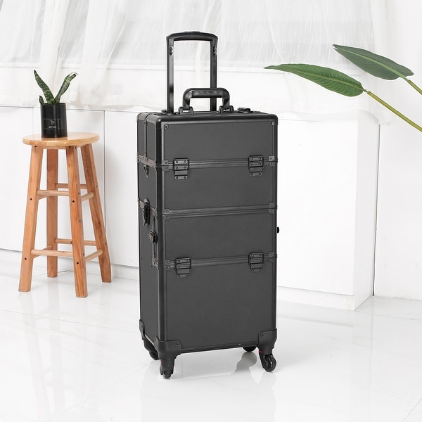 Aluminum Rolling Makeup Cosmetic Train Case Lockable Wheeled Box - Black. Opens flyout.