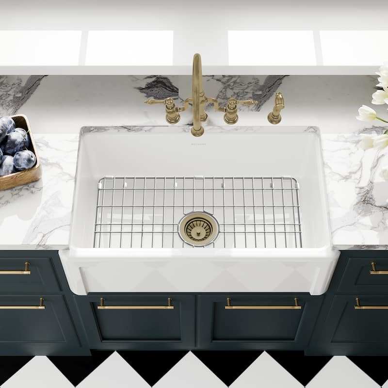 Reversible Fireclay Kitchen Sinks With Grid Three Edge Frame, Plain Front Apron