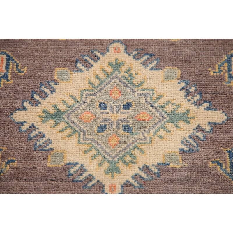 Geometric Kazak Oriental Accent Rug Hand-Knotted Beige Wool Carpet - 2'8"x 3'10"