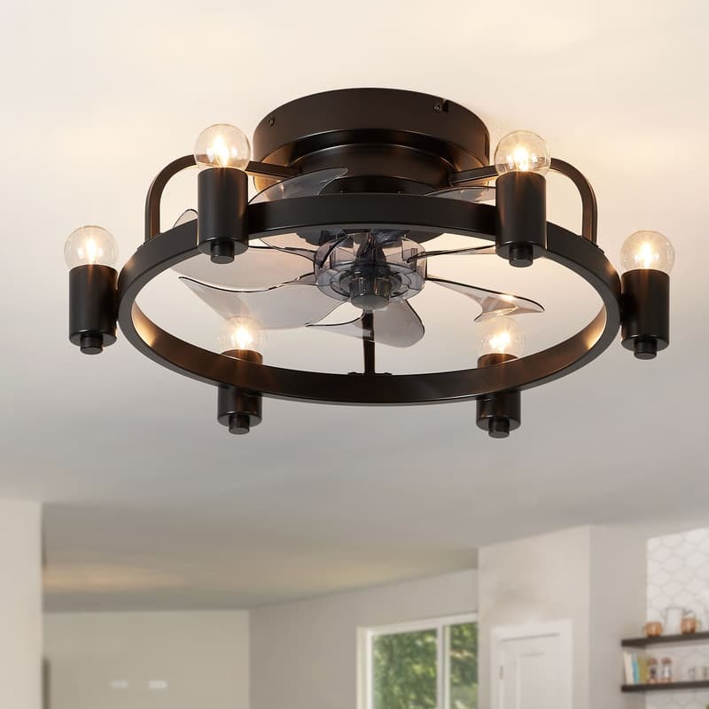 20 in. Black Iron Flush Mount Ceiling Fan With 6 Lights
