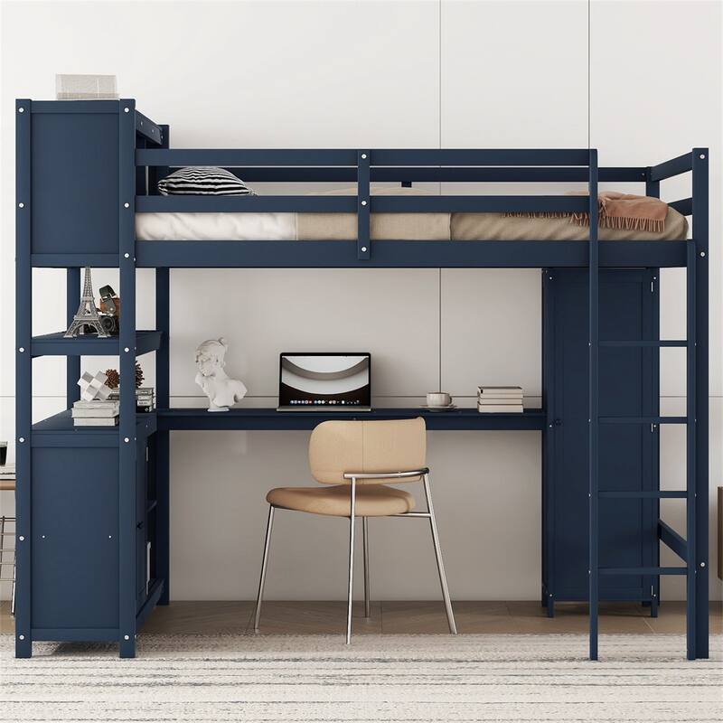 Wood Full Size Loft Bed Frame with Cabinet, Bookshelf and Wardrobe