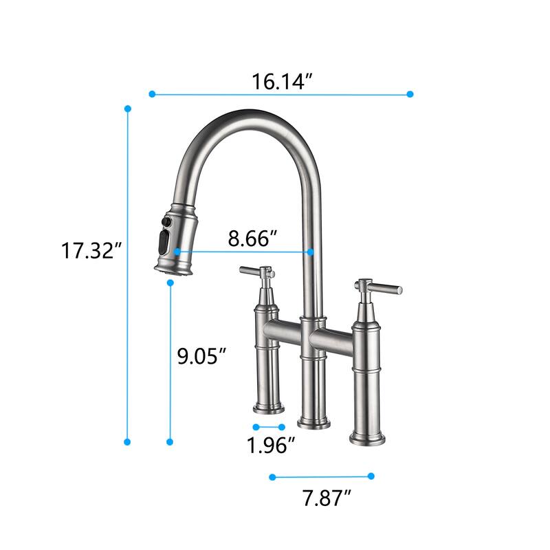 Transitional Bridge Kitchen Faucet with Pull-Down Sprayhead, Double Handle Kitchen Sink Faucet