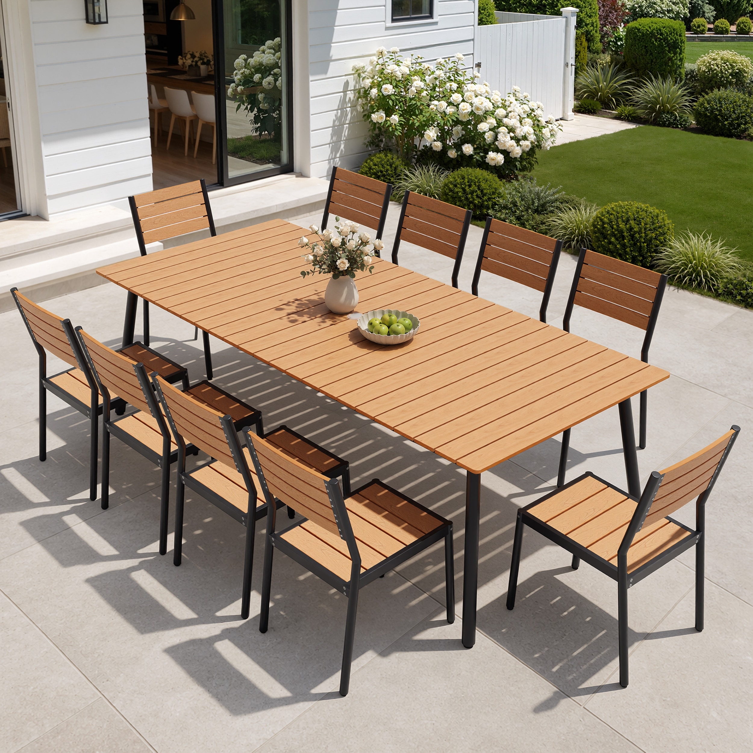 composite slatted patio dining table umbrella hole PHI VILLA Round w/Umbrella Hole, Metal Table for 6, Black 18.90 W * 19.29 D Overall size(Armless chair) Nuu Garden 41'' Round Metal