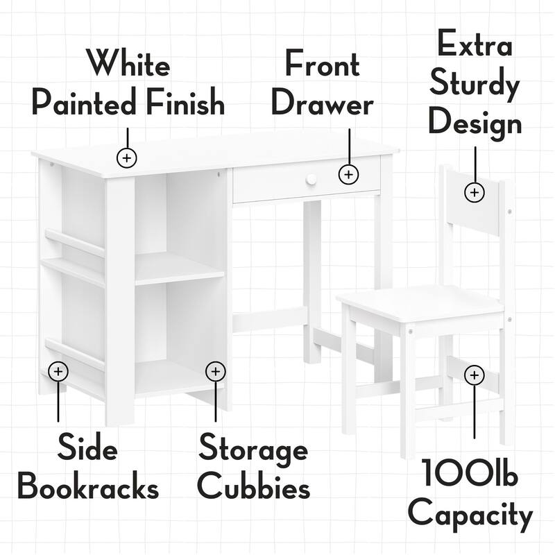 RiverRidge Kids Desk and Chair Playroom Set with 2 Art Storage Cubbies and 2 Side Bookshelves - White