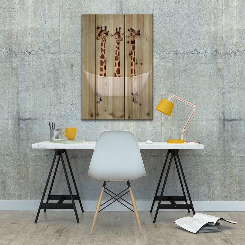 Giraffes In Bathtub Print On Wood by Coco de Paris - Multi-Color